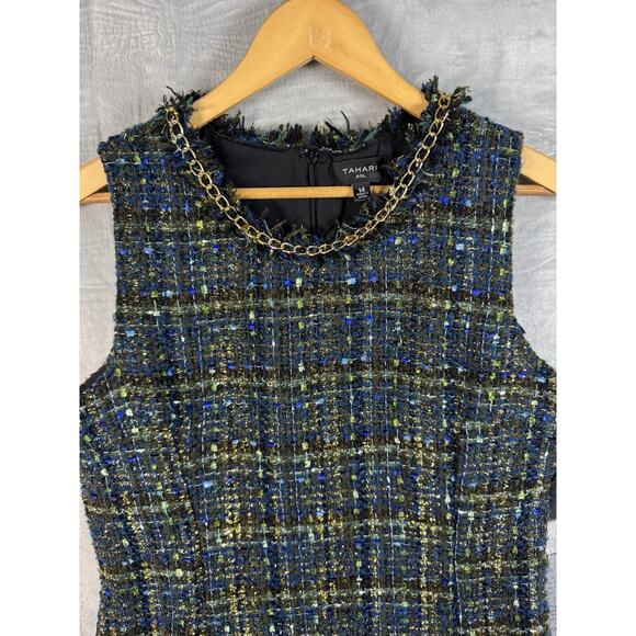 NWT! Tahari ALS Tweed Mini Dress Gold Chain Neck Accent Woman's Sz 14 Workwear - Picture 1 of 11
